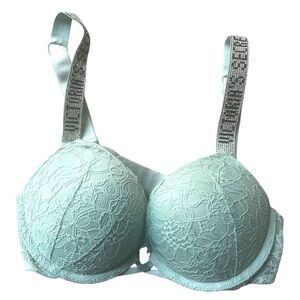 Victoria's Secret Bombshell Shine Strap Rhinestone Lace Push-Up Bra Mint Blue